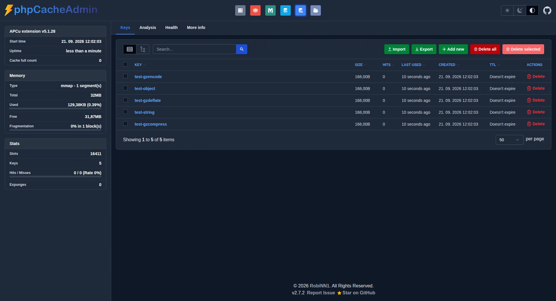 phpCacheAdmin APCu dashboard preview - dark mode