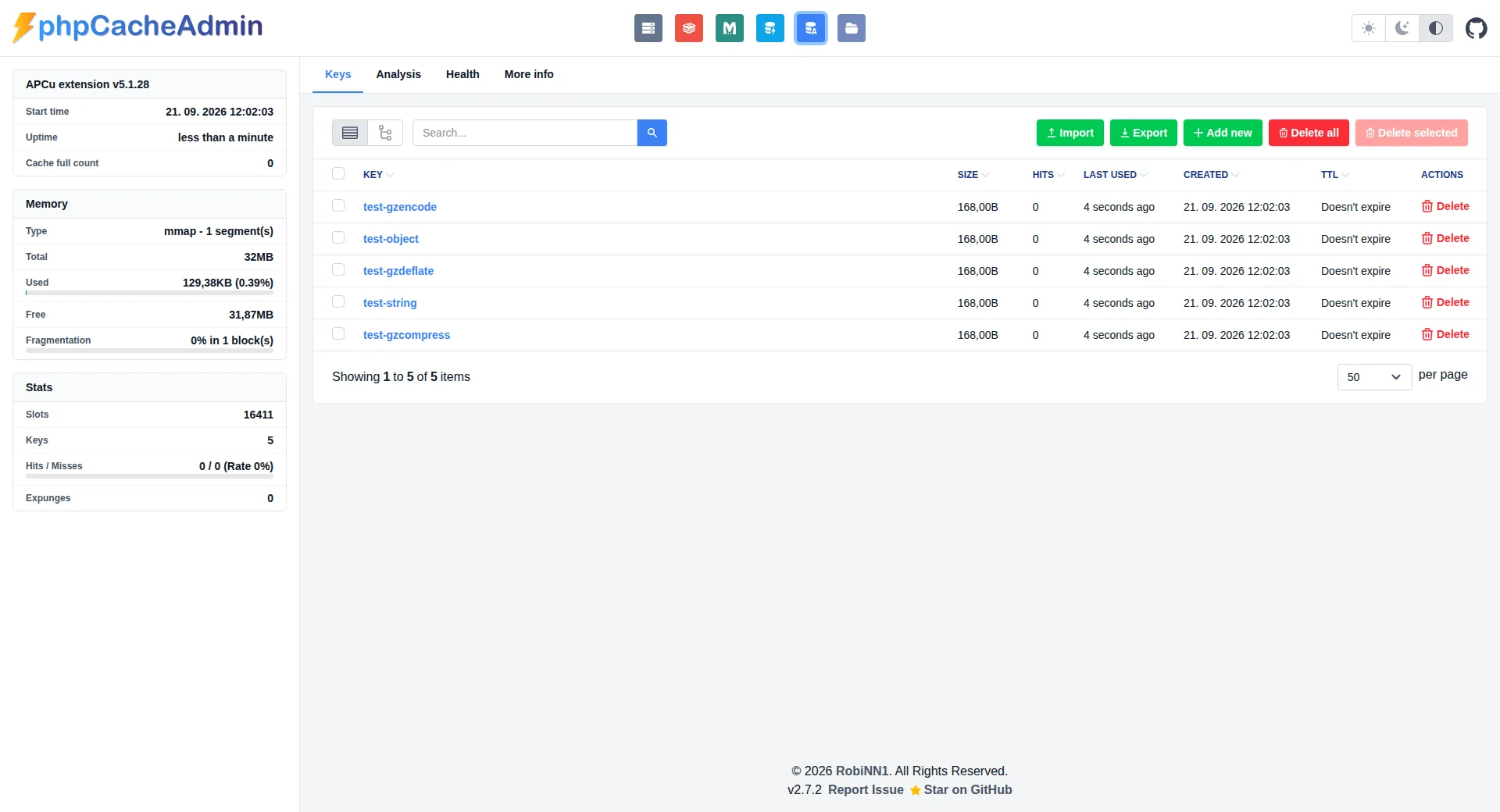 phpCacheAdmin APCu dashboard preview - light mode