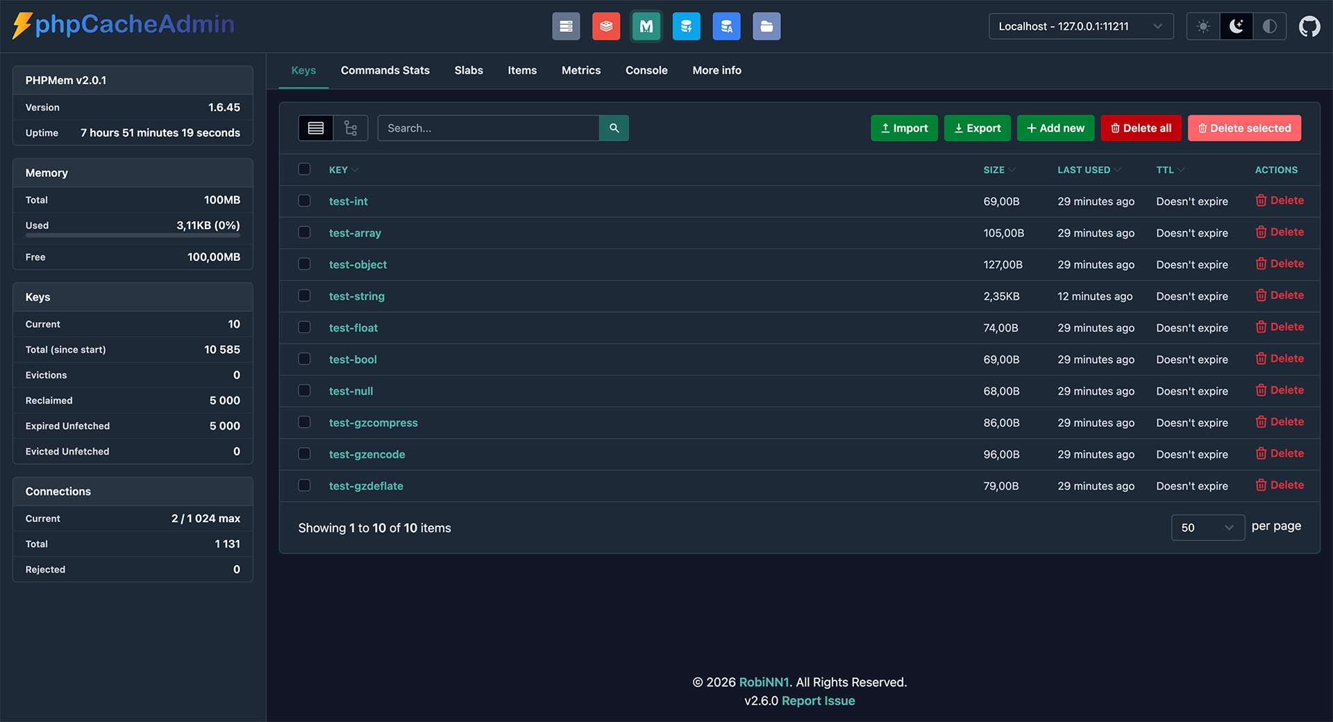 phpCacheAdmin Memcached dashboard preview - dark mode