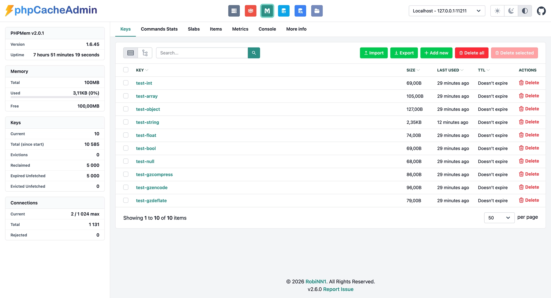 phpCacheAdmin Memcached dashboard preview - light mode
