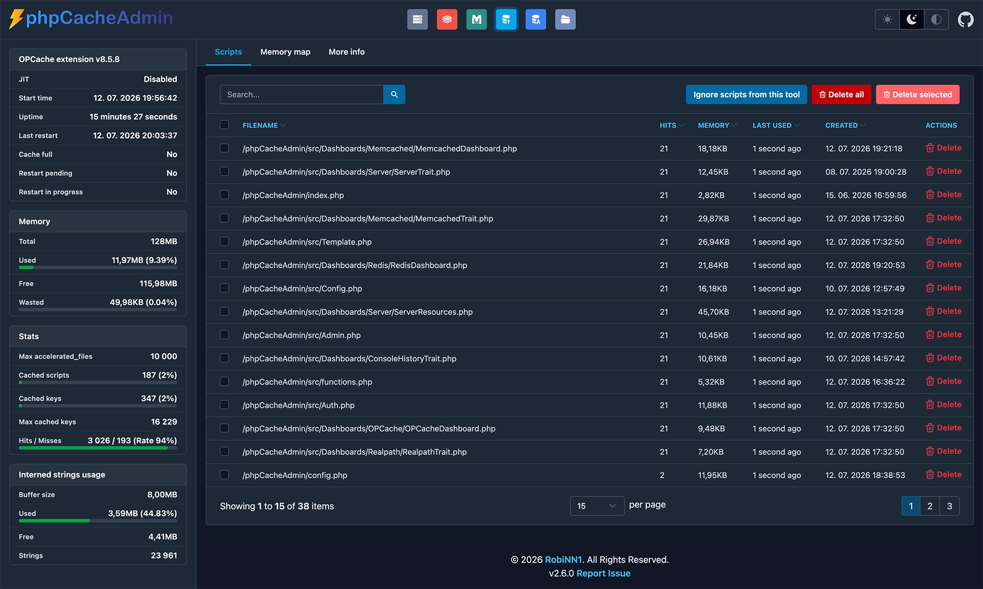 phpCacheAdmin OPcache dashboard preview - dark mode