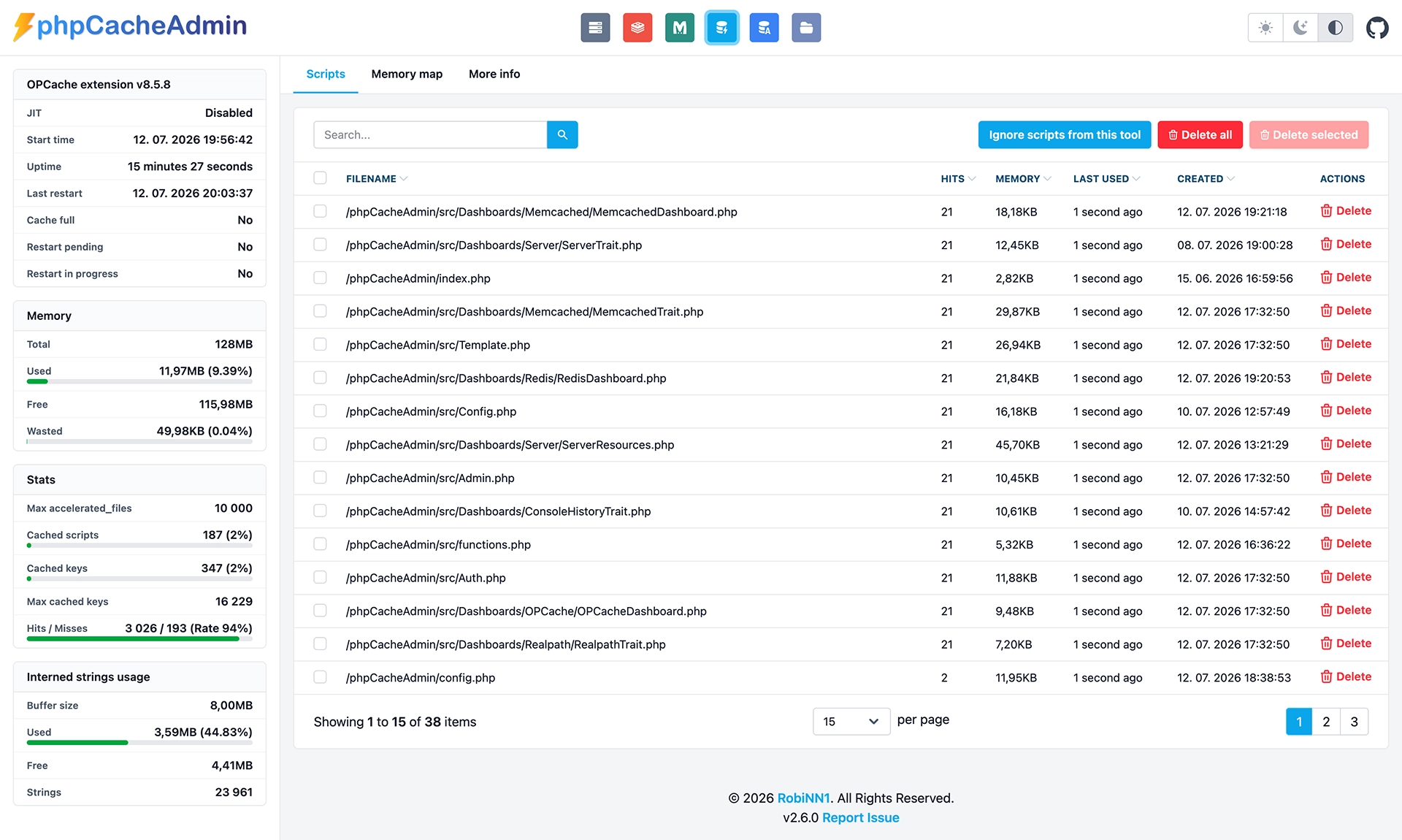 phpCacheAdmin OPcache dashboard preview - light mode