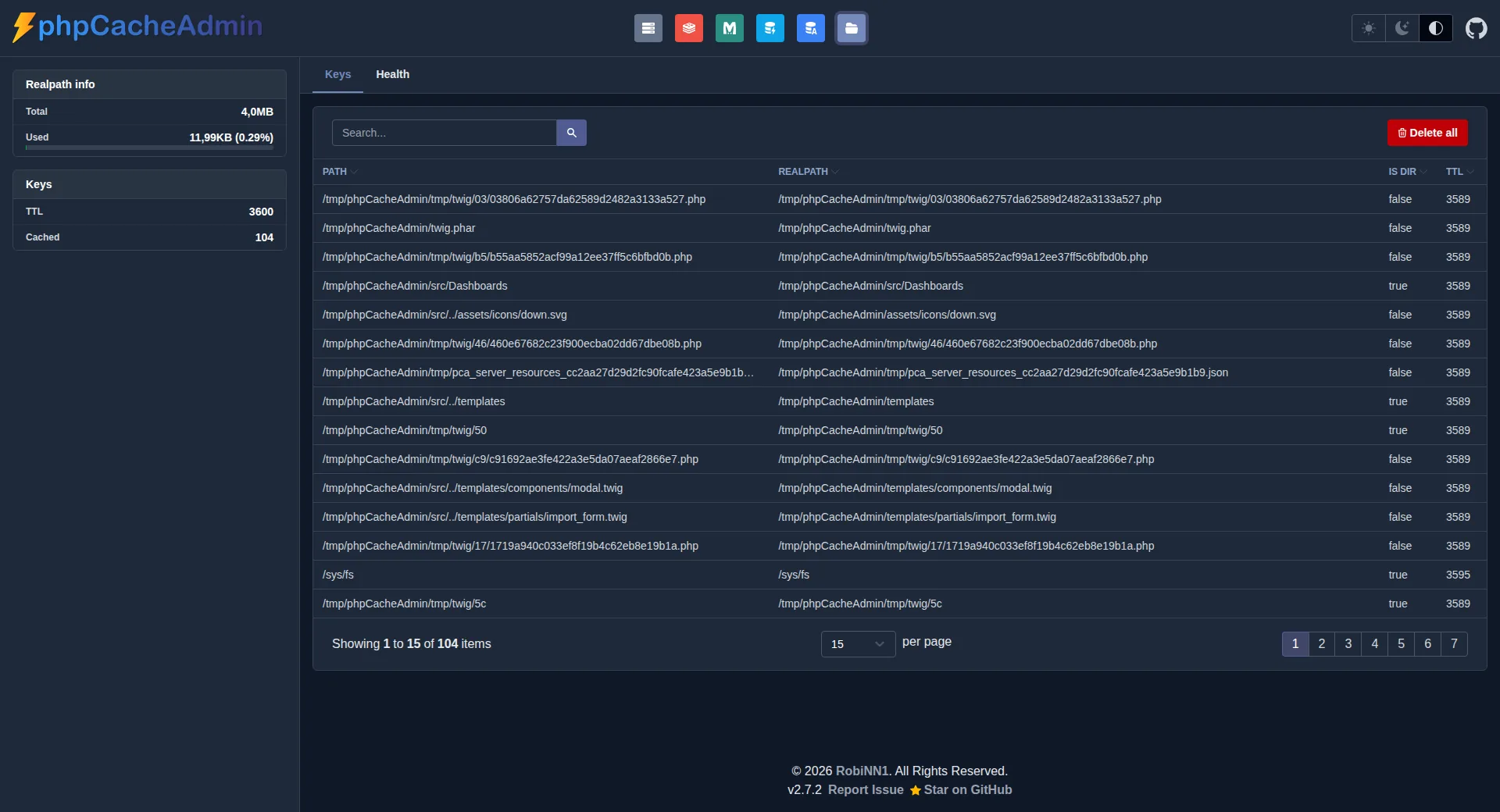 phpCacheAdmin Realpath dashboard preview - dark mode