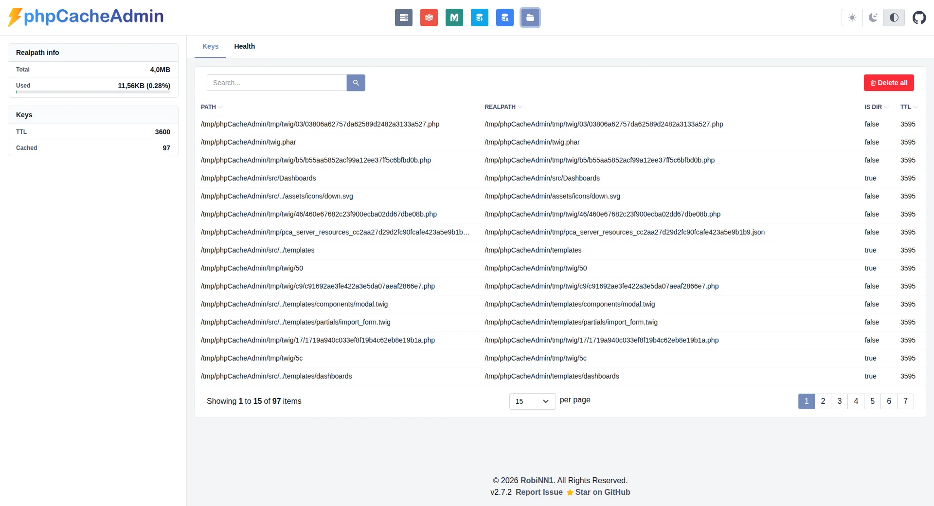 phpCacheAdmin Realpath dashboard preview - light mode