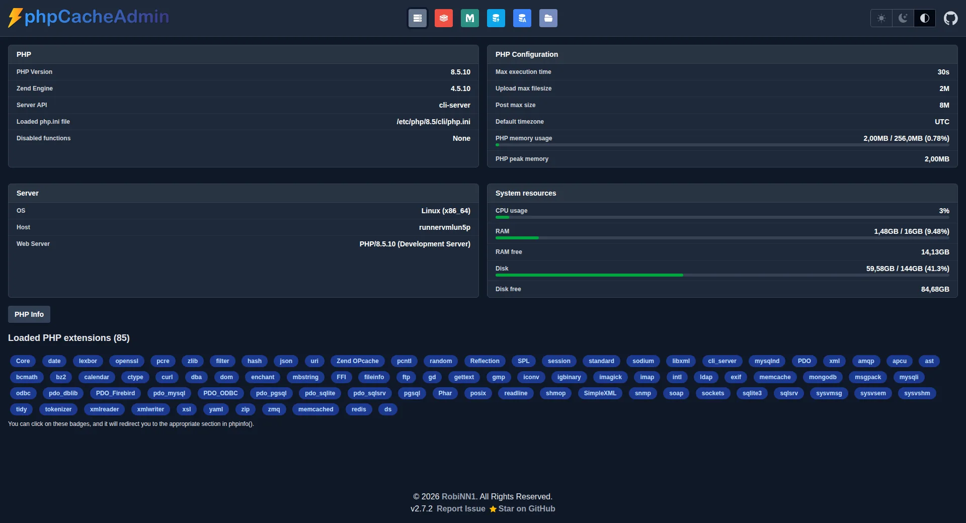 phpCacheAdmin Server dashboard preview - dark mode