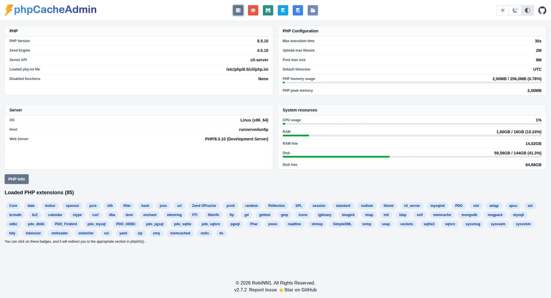 phpCacheAdmin Server dashboard preview - light mode